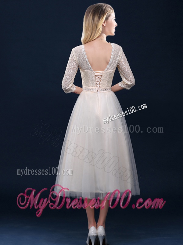 Hot Sale Laced and Applique Champagne Dama Dress in Tea Length