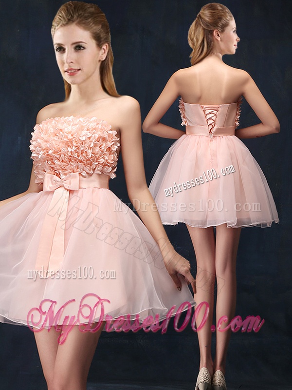 Lovely Baby Pink Short Dama Dress with Bowknot and Hand Made Flowers