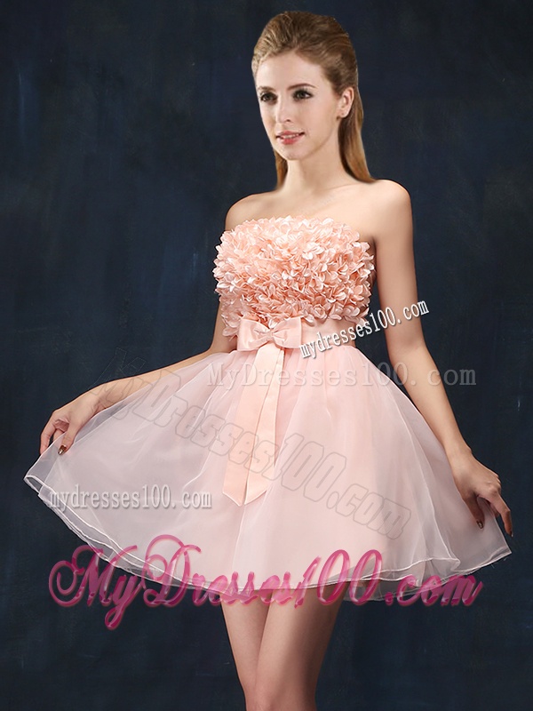Lovely Baby Pink Short Dama Dress with Bowknot and Hand Made Flowers
