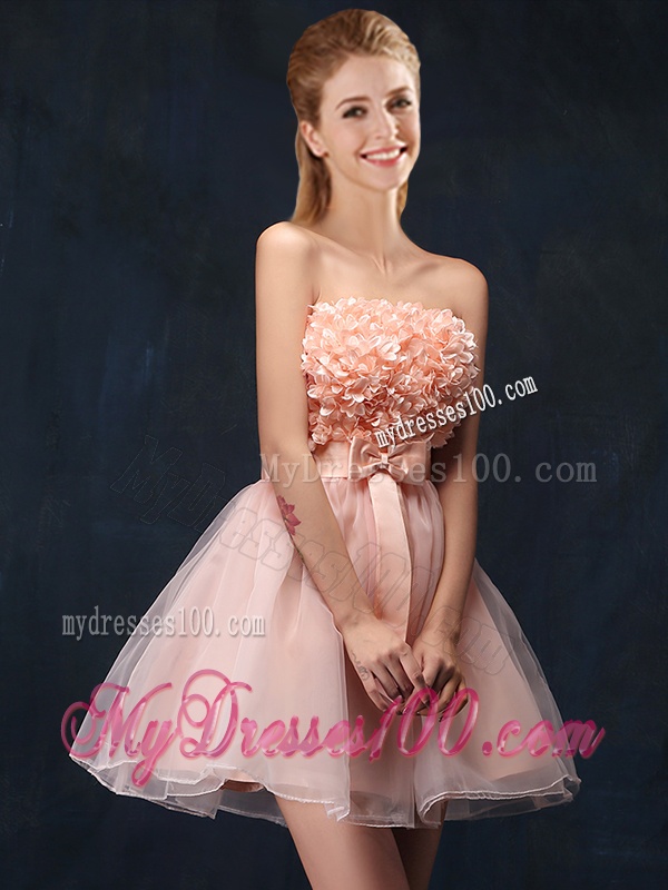 Lovely Baby Pink Short Dama Dress with Bowknot and Hand Made Flowers