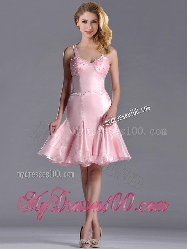 Lovely Beaded Bust Straps Short Dama Dress in Baby Pink
