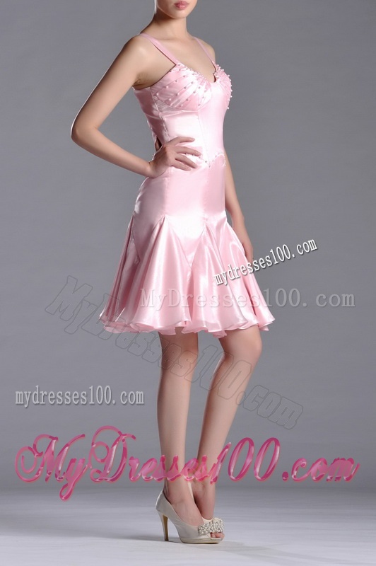 Lovely Beaded Bust Straps Short Dama Dress in Baby Pink