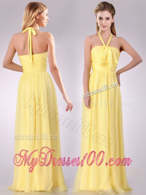 Lovely Halter Top Chiffon Ruched Long Dama Dress in Yellow