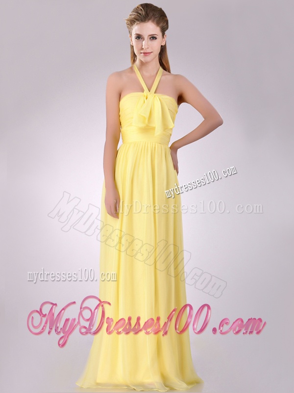 Lovely Halter Top Chiffon Ruched Long Dama Dress in Yellow
