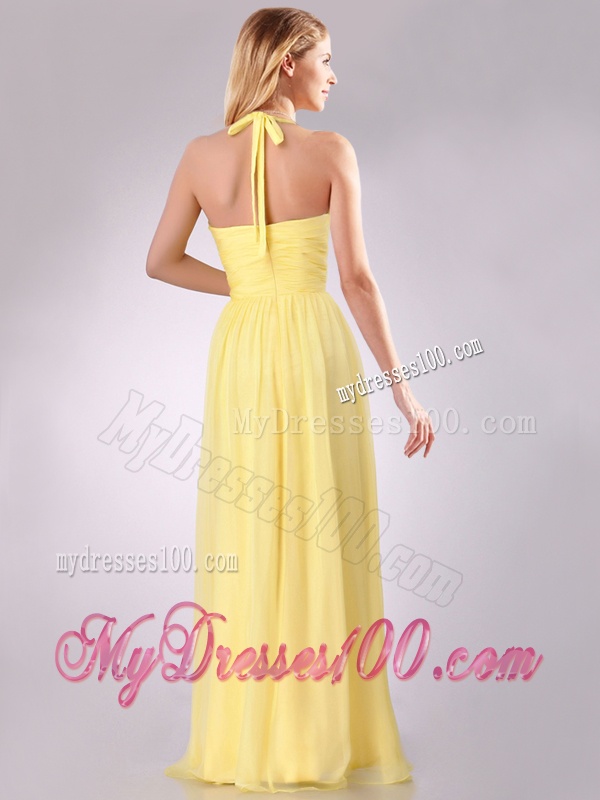 Lovely Halter Top Chiffon Ruched Long Dama Dress in Yellow