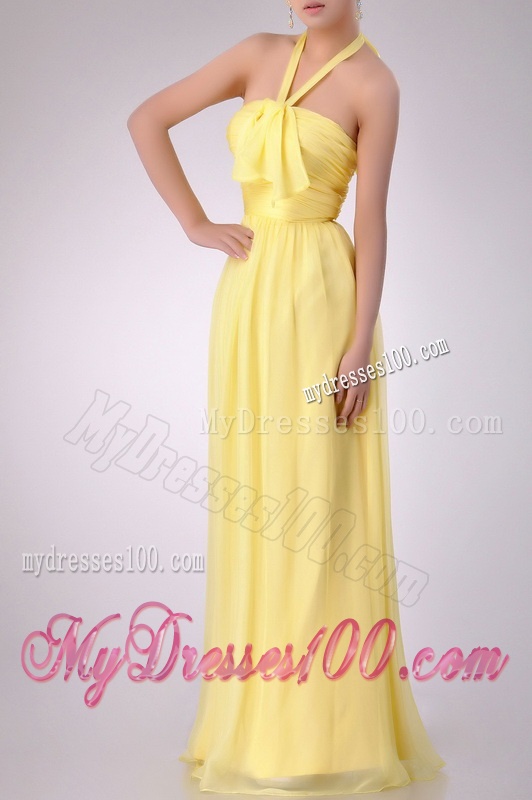 Lovely Halter Top Chiffon Ruched Long Dama Dress in Yellow