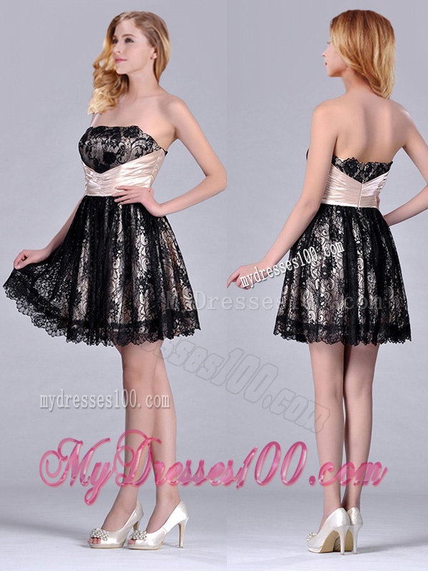 Modern Strapless Black Short Dama Dress with Lace and Belt