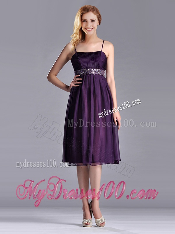 Modest Spaghetti Straps Beaded Chiffon Short Dama Dress in Purple