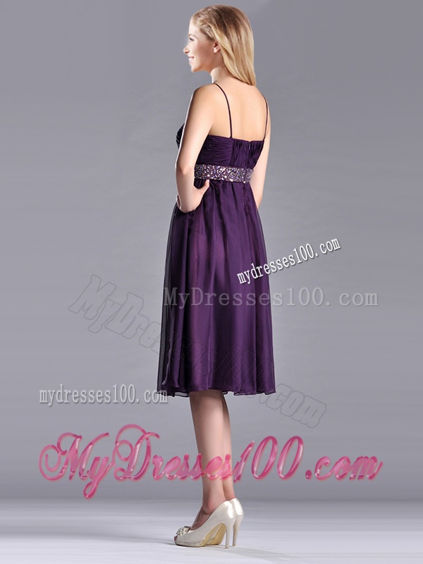 Modest Spaghetti Straps Beaded Chiffon Short Dama Dress in Purple