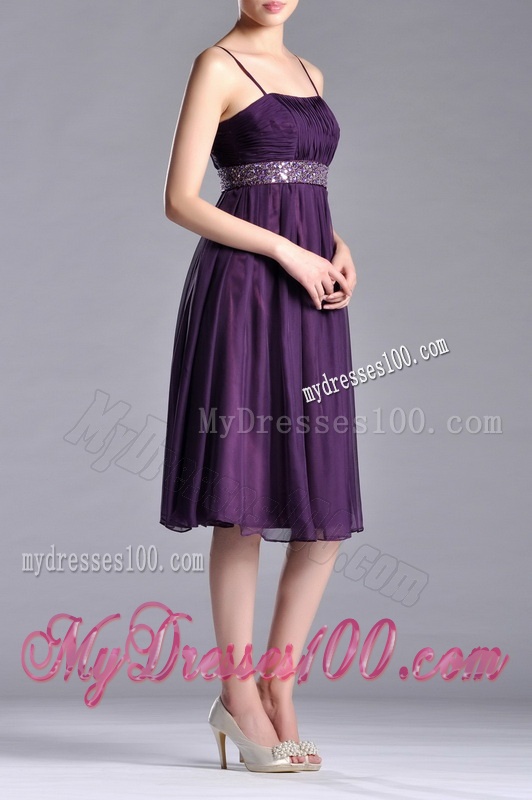 Modest Spaghetti Straps Beaded Chiffon Short Dama Dress in Purple