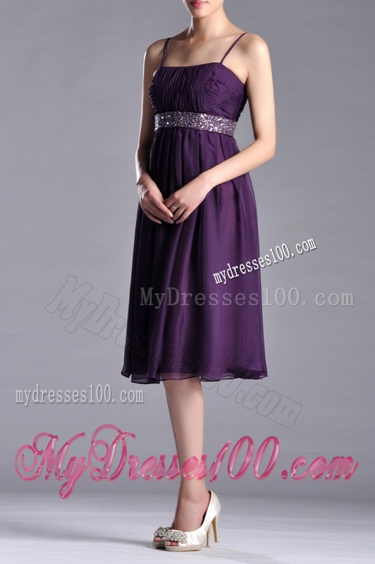 Modest Spaghetti Straps Beaded Chiffon Short Dama Dress in Purple