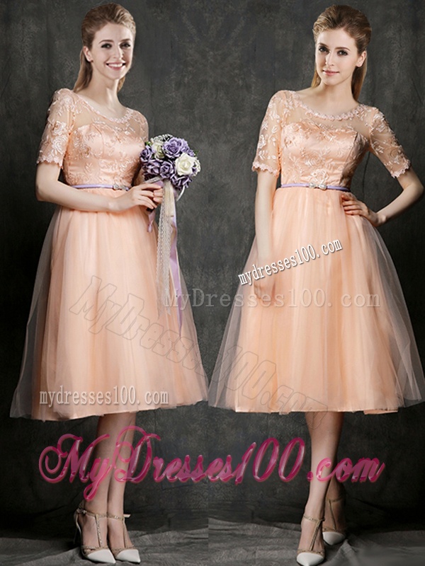 New Scoop Half Sleeves Dama Dress with Sashes and Lace