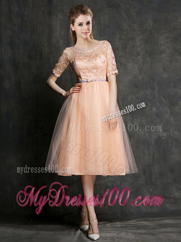 New Scoop Half Sleeves Dama Dress with Sashes and Lace