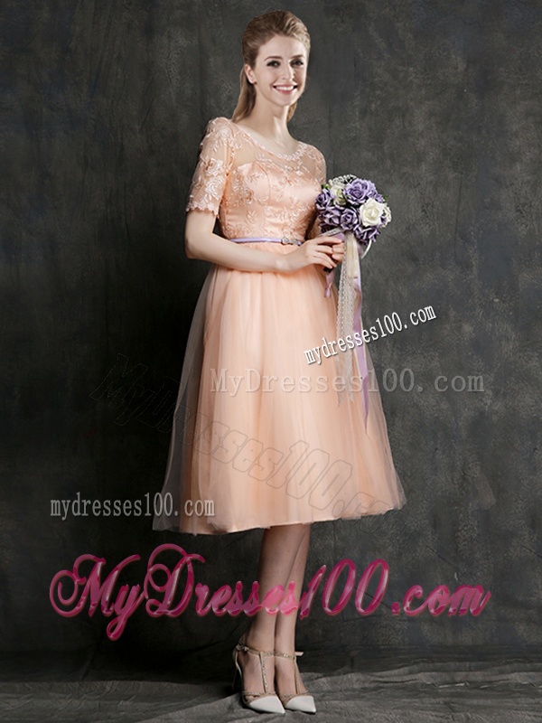 New Scoop Half Sleeves Dama Dress with Sashes and Lace