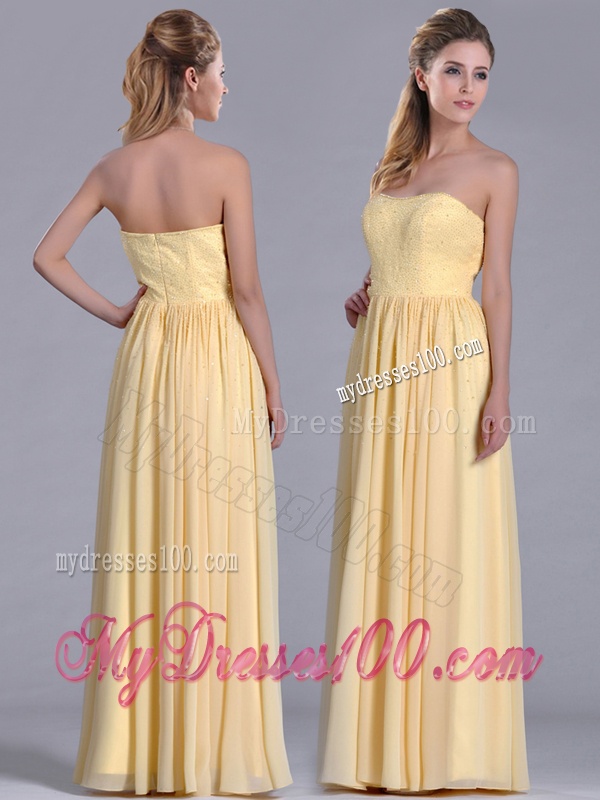 New Style Yellow Empire Long Dama Dress with Beaded Bodice