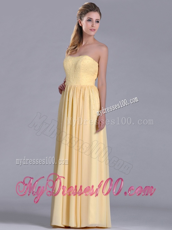 New Style Yellow Empire Long Dama Dress with Beaded Bodice