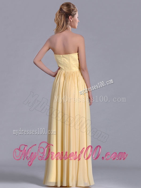 New Style Yellow Empire Long Dama Dress with Beaded Bodice