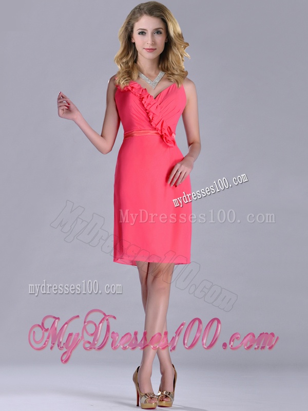 Popular V Neck Zipper Up Short Dama Dress in Coral Red