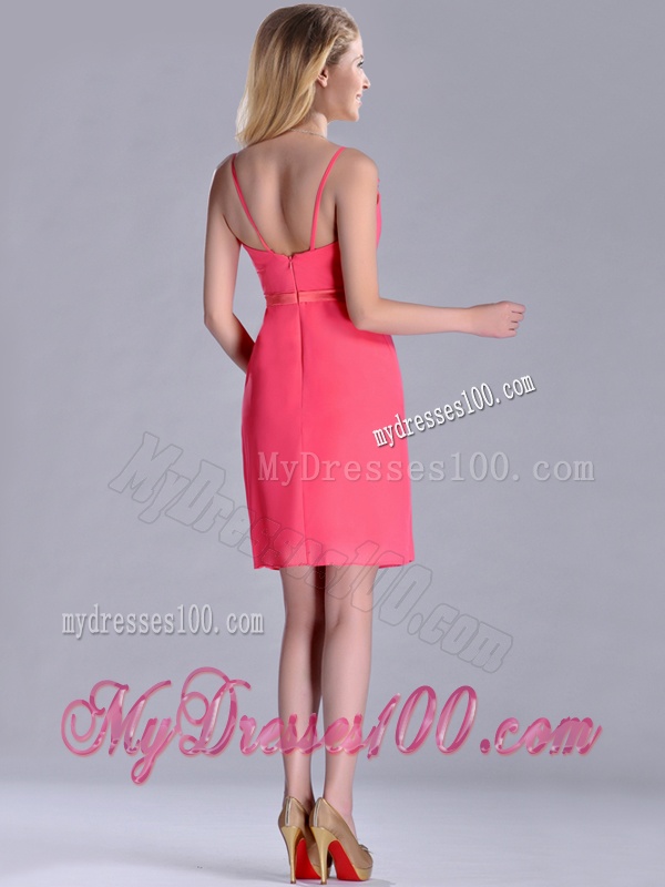 Popular V Neck Zipper Up Short Dama Dress in Coral Red