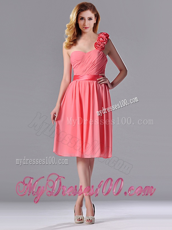Popular Watermelon Dama Dress with Hand Made Flowers Decorated One Shoulder
