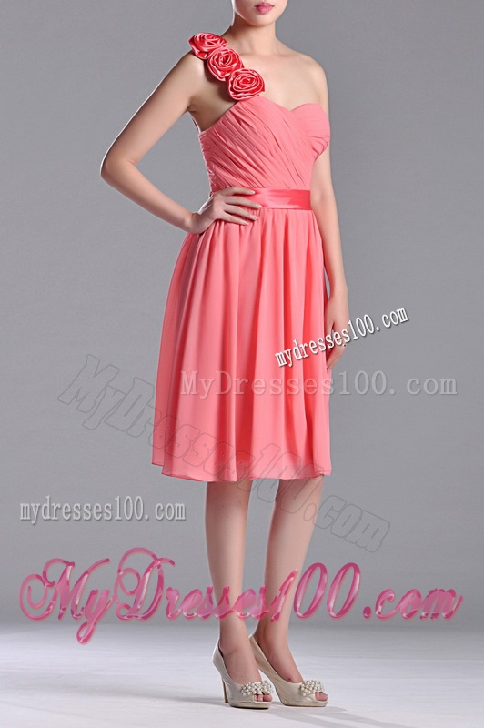 Popular Watermelon Dama Dress with Hand Made Flowers Decorated One Shoulder