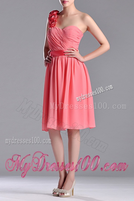 Popular Watermelon Dama Dress with Hand Made Flowers Decorated One Shoulder