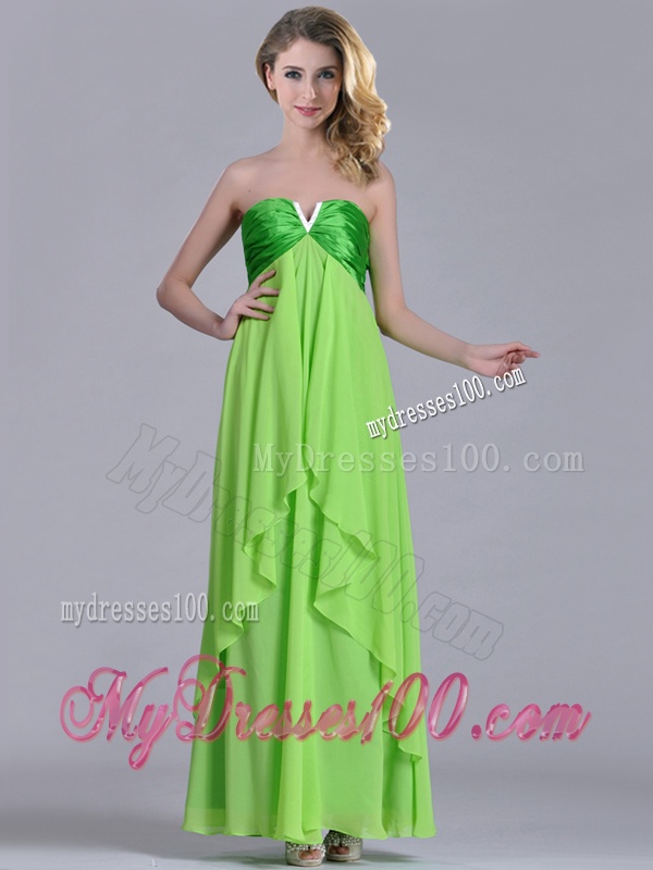 Pretty Beaded Decorated V Neck Spring Green Dama Dress in Ankle Length
