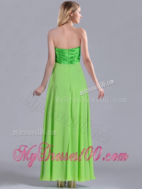 Pretty Beaded Decorated V Neck Spring Green Dama Dress in Ankle Length