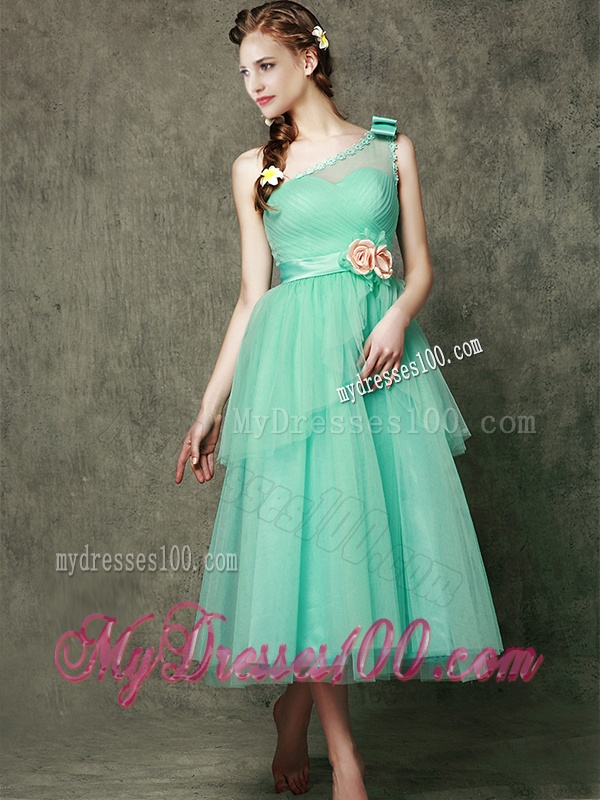 See Through One Shoulder Dama Dress with Bowknot and Hand Made Flowers