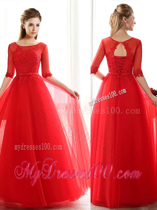 See Through Scoop Half Sleeves Red Dama Dress with Lace and Belt