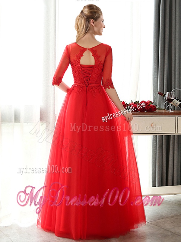 See Through Scoop Half Sleeves Red Dama Dress with Lace and Belt
