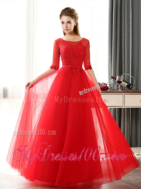 See Through Scoop Half Sleeves Red Dama Dress with Lace and Belt