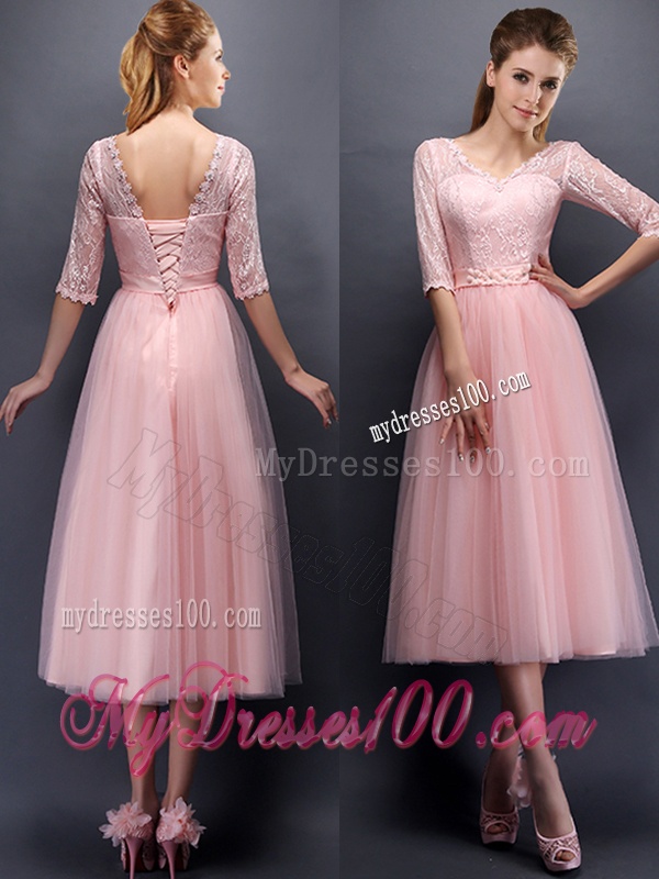 See Through V Neck Half Sleeves Dama Dress with Lace and Belt