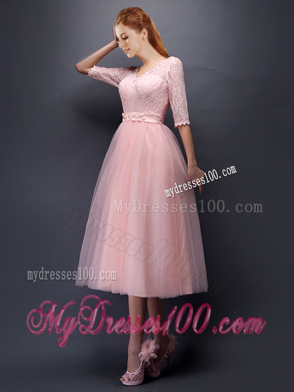 See Through V Neck Half Sleeves Dama Dress with Lace and Belt