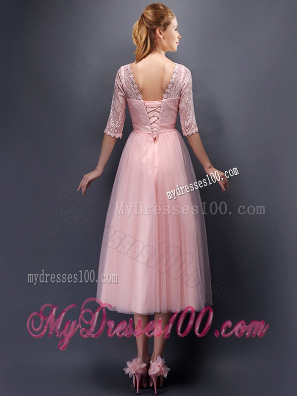 See Through V Neck Half Sleeves Dama Dress with Lace and Belt