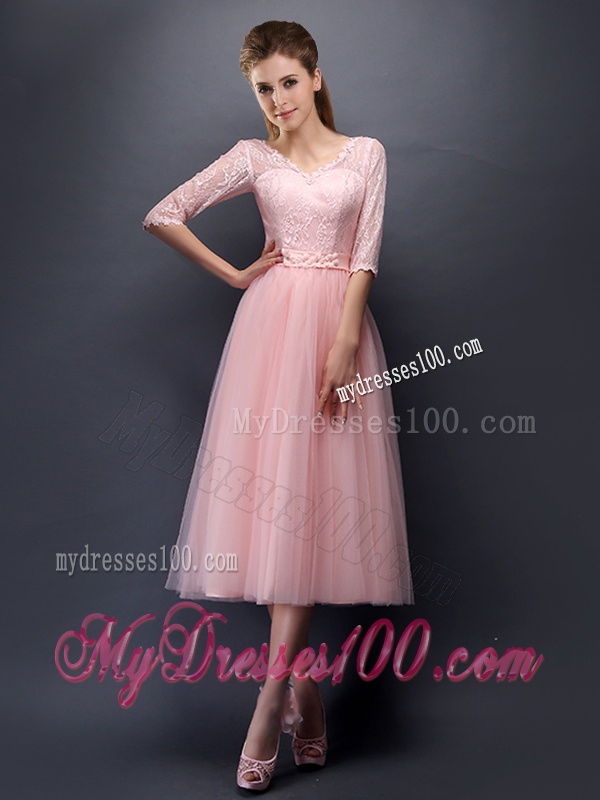 See Through V Neck Half Sleeves Dama Dress with Lace and Belt