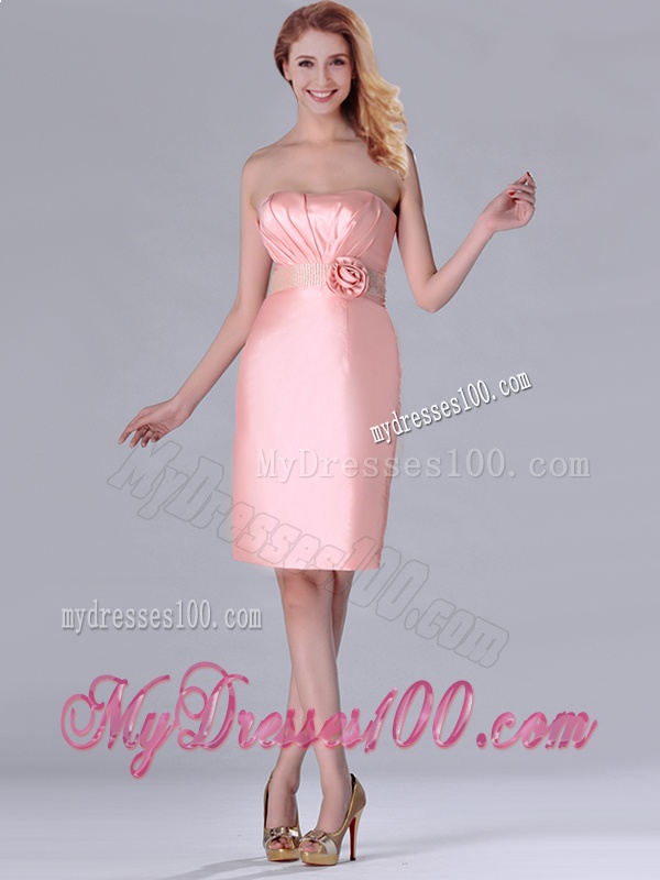 Short Strapless Knee Length Pink Dama Dress with Hand Crafted and Beading