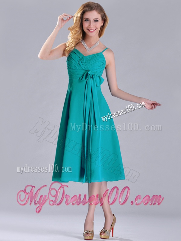 Spaghetti Straps Ruched and Belted Turquoise Dama Dress in Tea Length