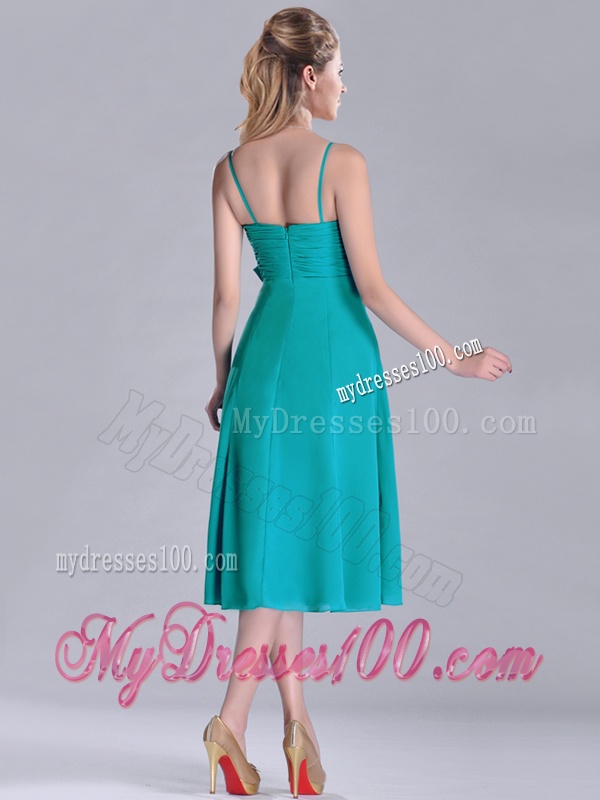 Spaghetti Straps Ruched and Belted Turquoise Dama Dress in Tea Length