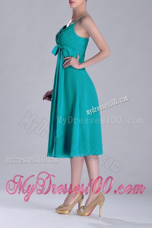 Spaghetti Straps Ruched and Belted Turquoise Dama Dress in Tea Length