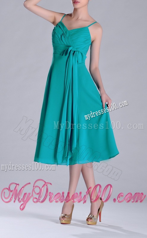 Spaghetti Straps Ruched and Belted Turquoise Dama Dress in Tea Length