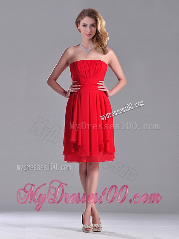 The Super Hot Strapless Empire Chiffon Ruched Dama Dress in Red
