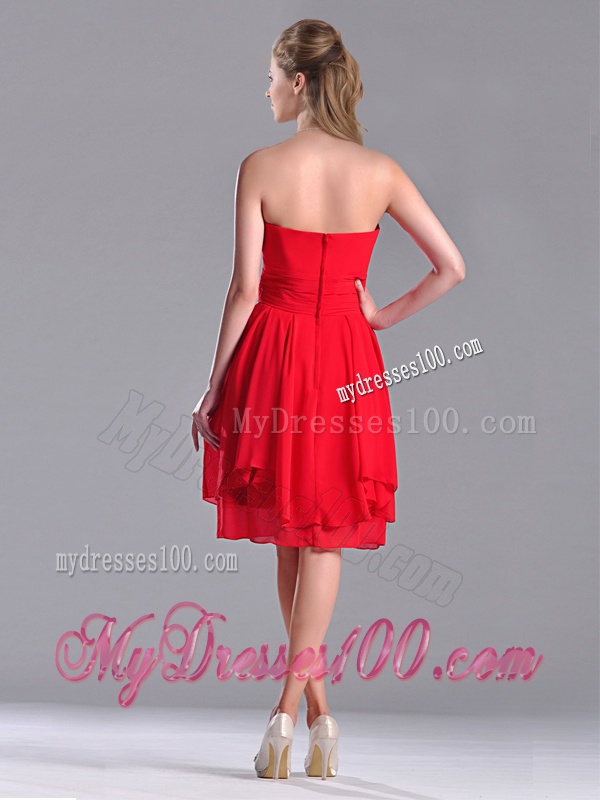 The Super Hot Strapless Empire Chiffon Ruched Dama Dress in Red