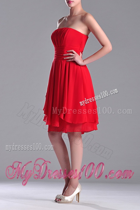The Super Hot Strapless Empire Chiffon Ruched Dama Dress in Red