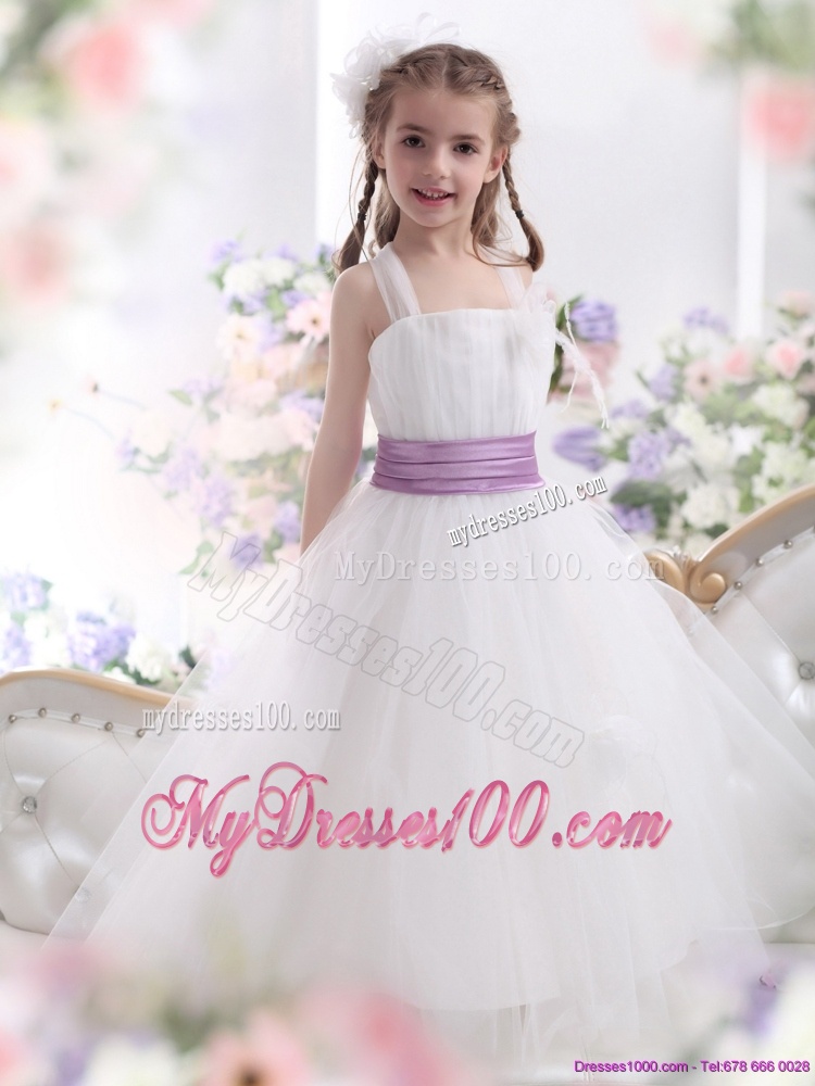 2016 New Style White Flower Girl Dress with Lilac Sash