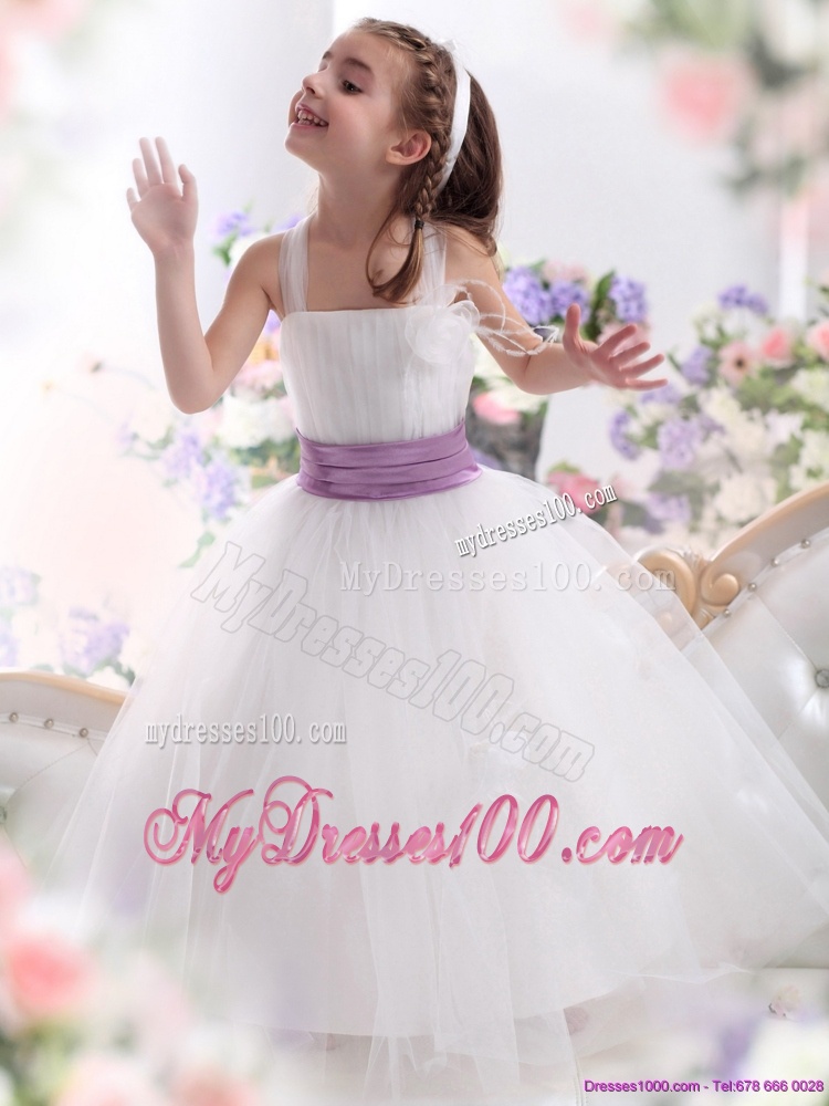 2016 New Style White Flower Girl Dress with Lilac Sash