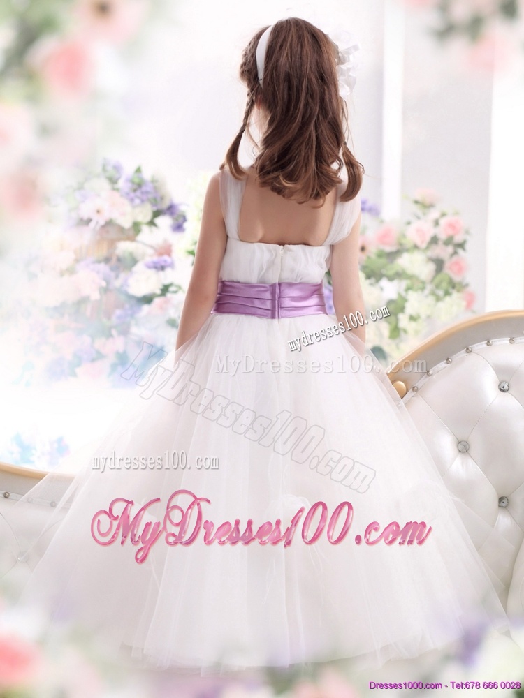 2016 New Style White Flower Girl Dress with Lilac Sash