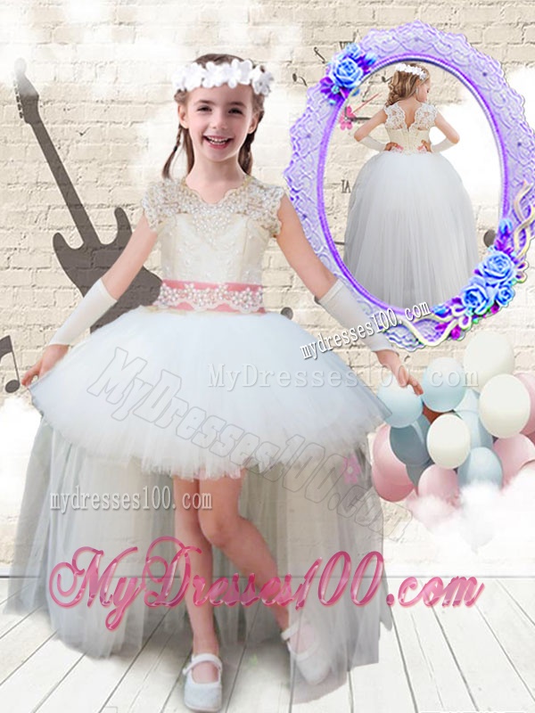 2016 Sweet V Neck High Low Appliques Flower Girl Dresses