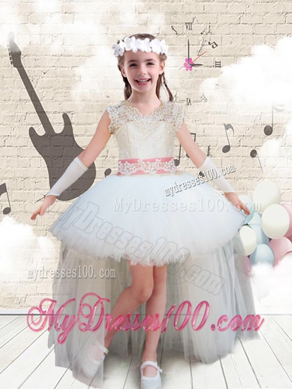 2016 Sweet V Neck High Low Appliques Flower Girl Dresses