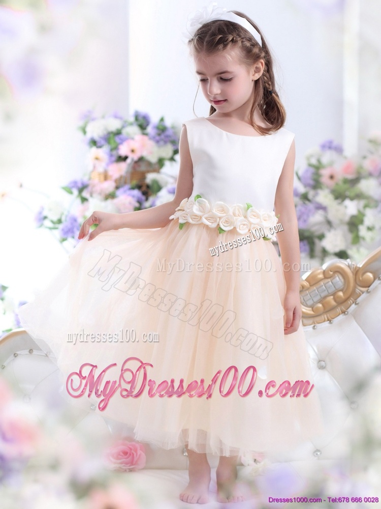 2016 White Flower Girl Dress with Waistband and Hand Made Flowers
